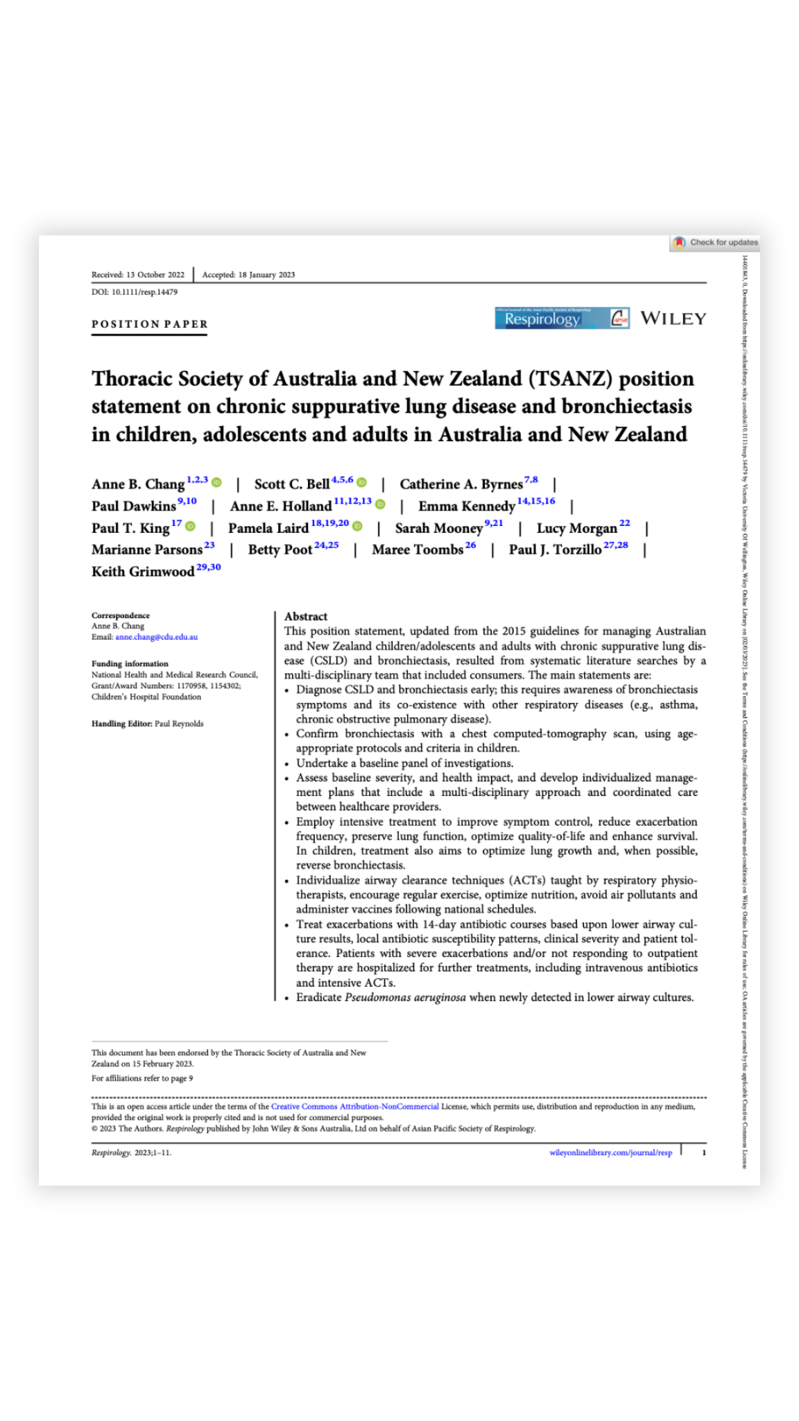 Thoracic Society of Australia and New Zealand (TSANZ) position statement on chronic suppurative lung disease and bronchiectasis in children, adolescents and adults in Australia and New Zealand