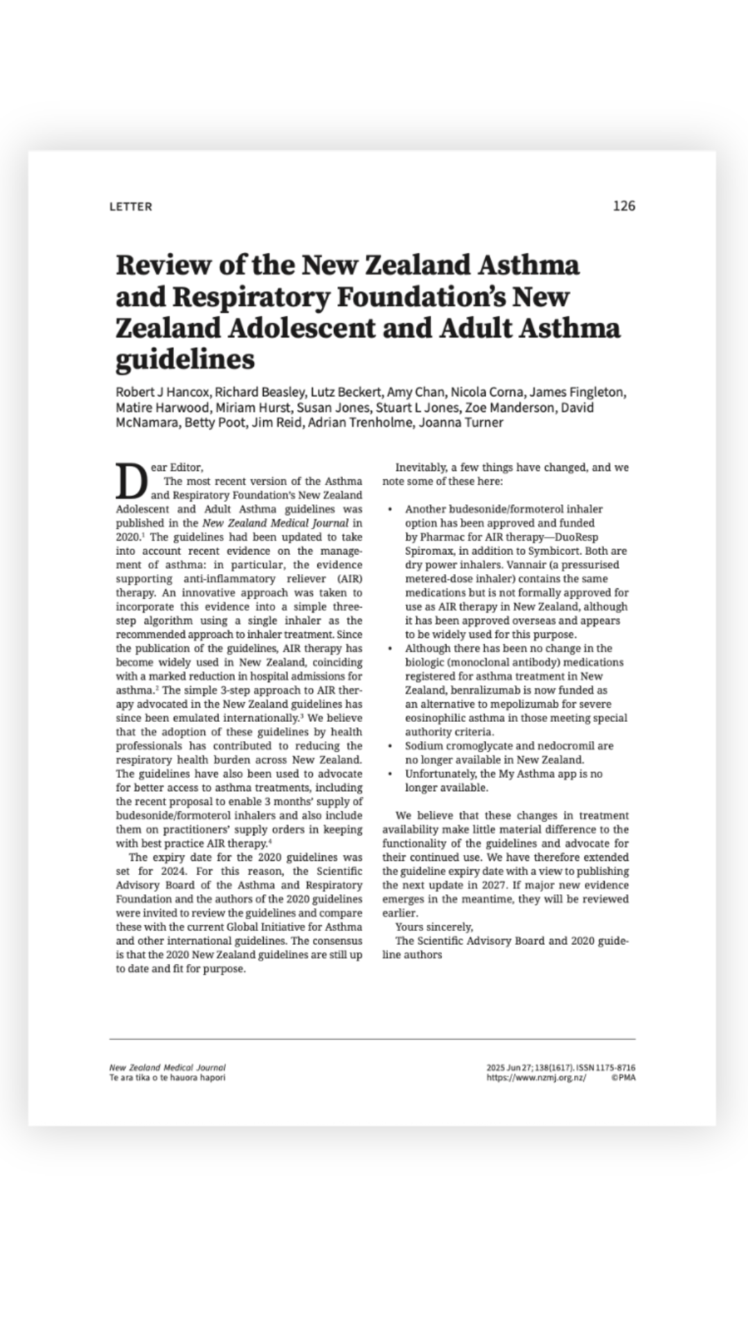 Review of the New Zealand Asthma and Respiratory Foundation’s New Zealand Adolescent and Adult Asthma guidelines: NZMJ: Vol. 138, 27 June 2025.